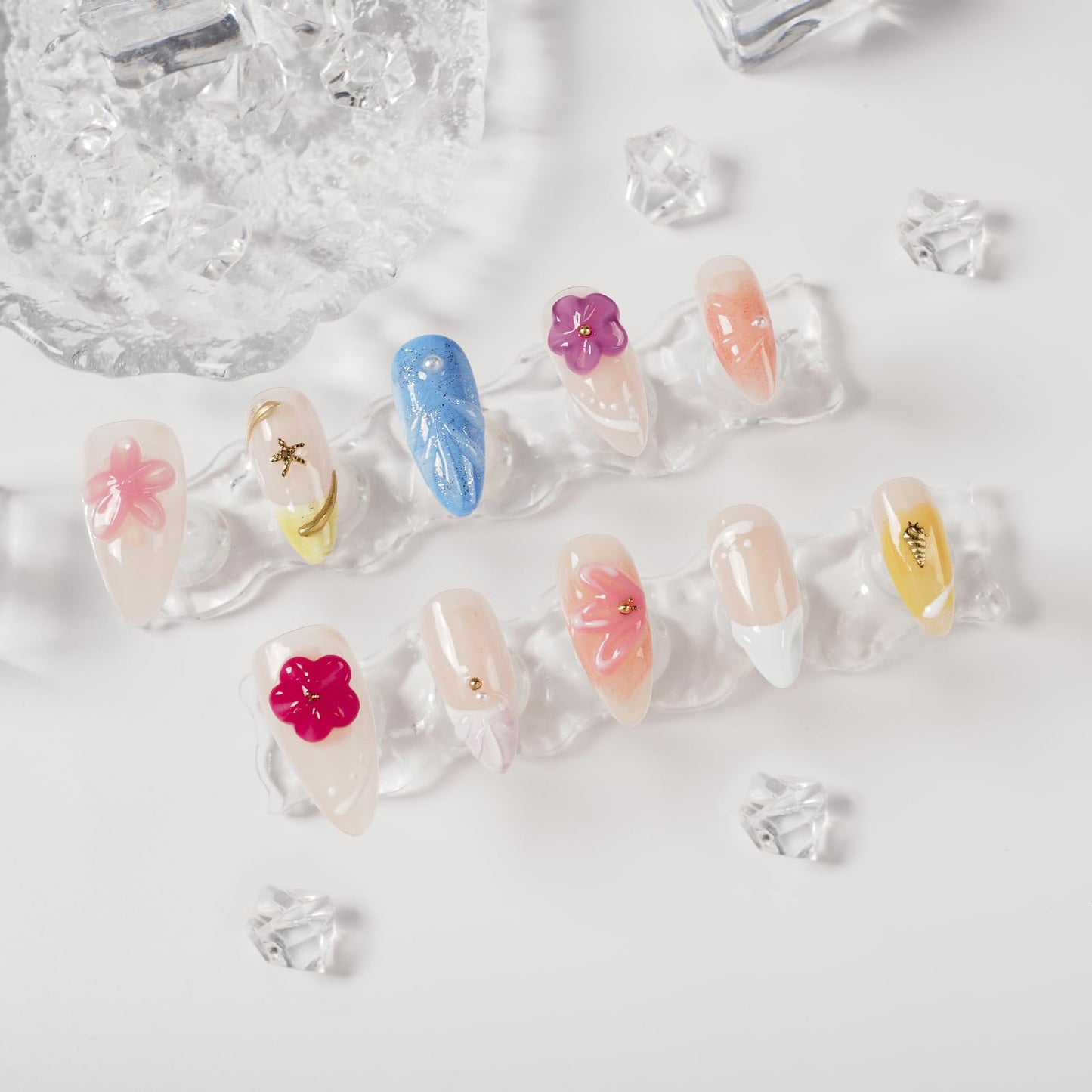 Tesytto Handmade Press on Nails 3D Floral Carved Medium Almond Fake Nails French Tips, Multi-Layer Gel Acrylic Nails for Women Nail Art (Sheer Floral Glow,S)