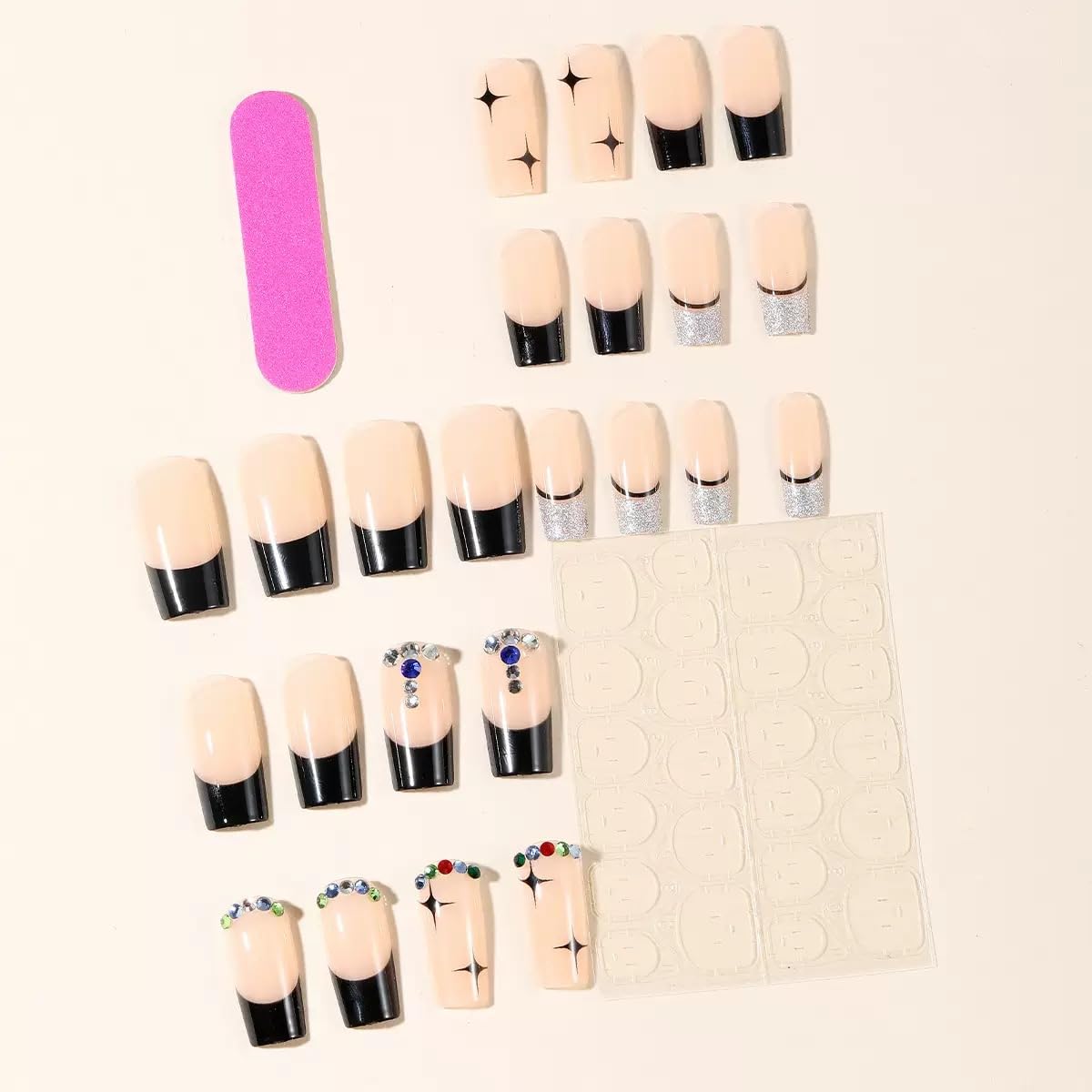 Medium Press on Square Nails - Black, Glitter French Tip with Rhinestone Design - Starburst Full Cover Stick on False Nails - for Women 24 Pcs