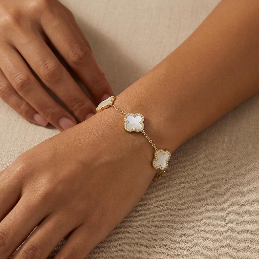 SHINYY Four Leaf Clover Bracelet for Women | 18K Gold Plated Cubic Zirconia Link Bracelet | 4 Leaf Lucky Jewelry Gift for Her (White Gold)
