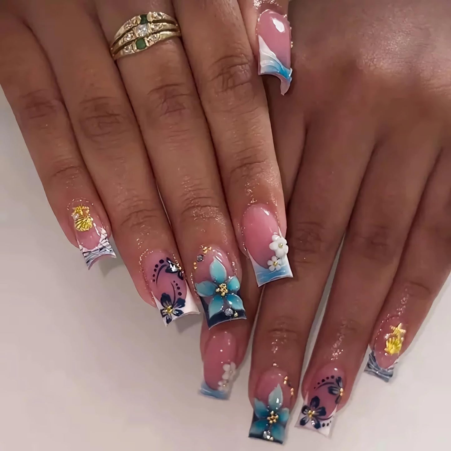 BABALAL Press On Nails, Short Square Fake Nails, Blue French Tip with Butterfly & 3D Flower, Glossy Tropical Summer Glue On Nails for Women and Girls 24Pcs