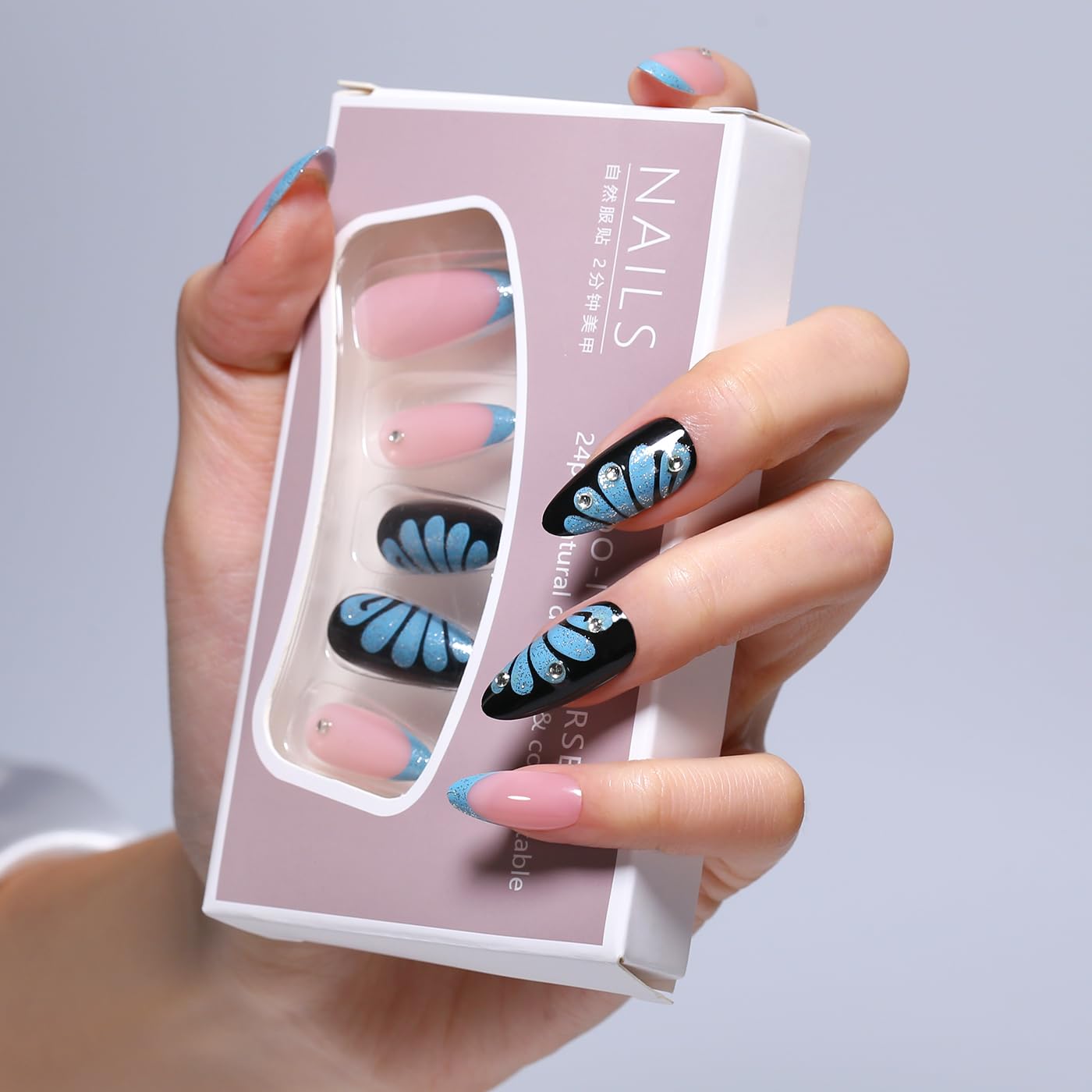 Goolich Nude Pink Press On Nails Medium Almond,Y2k Butterfly French Tip Nails Press ons Set with Adhesive Tabs, 24 Pcs 12 Size Reusable Full Cover Glue on Nails for Women