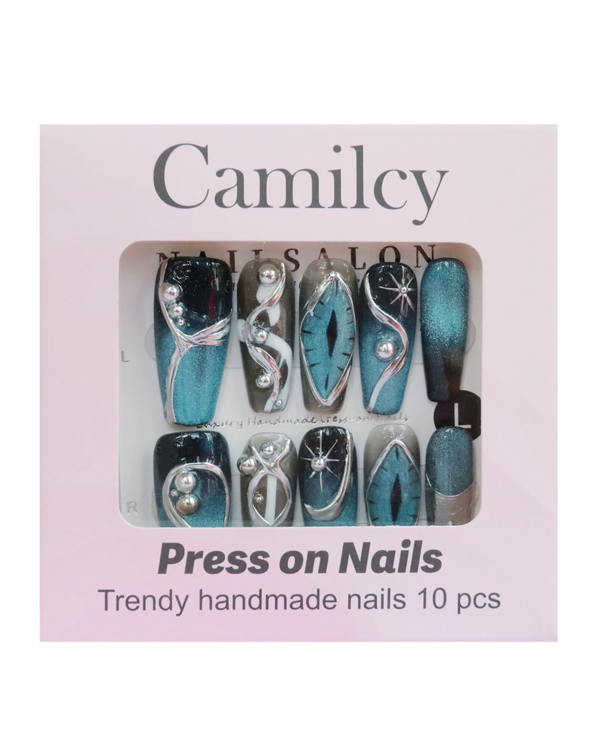 CAMILCY Handmade Press on Nails Long Coffin Blue Black Silver Glossy Luxury 3D Metal Charms Reusable Acrylic Artificial Fake Nails Full Cover False Nails for Women 10pcs (A048, M)