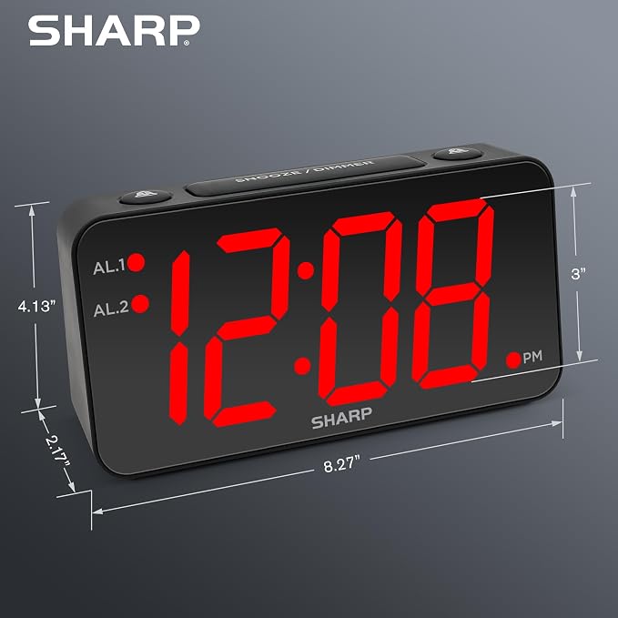 Sharp Digital Alarm Clock, 3" Jumbo Red LED, Dual Alarm, Battery Backup