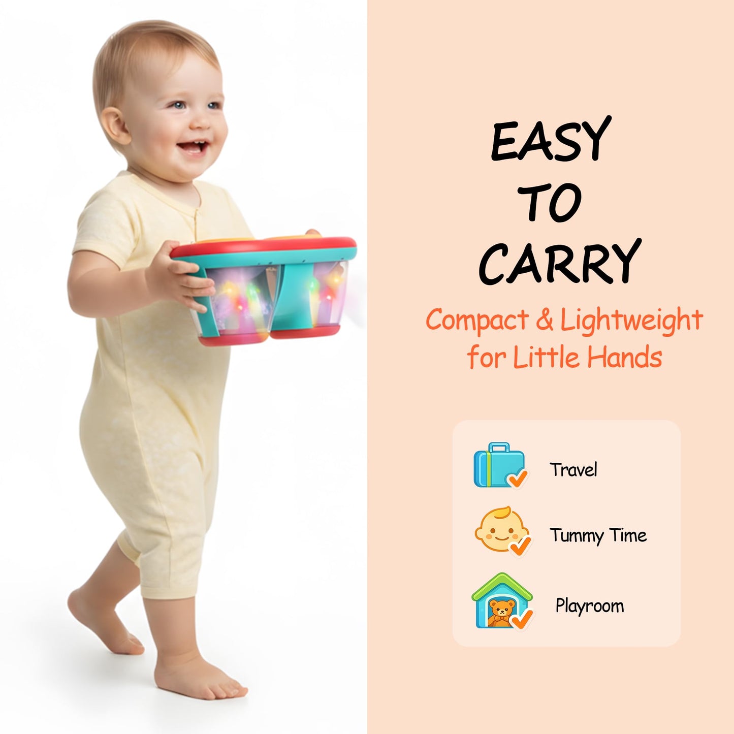 ROHSCE Baby Toys for 6-18 Months, Musical Drum, Light Up, Tummy Time, Baby Gifts
