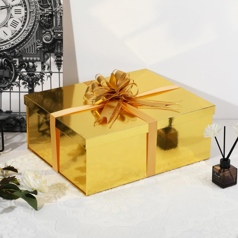 UoeRing Gold Large Gift Box 1Pcs 15x12x6 inch,luxury Gift Box with Lid for Birthday Christmas Valentine's Day Mother's Day (Includes Pull Bows,Card,Envelope,Filler)