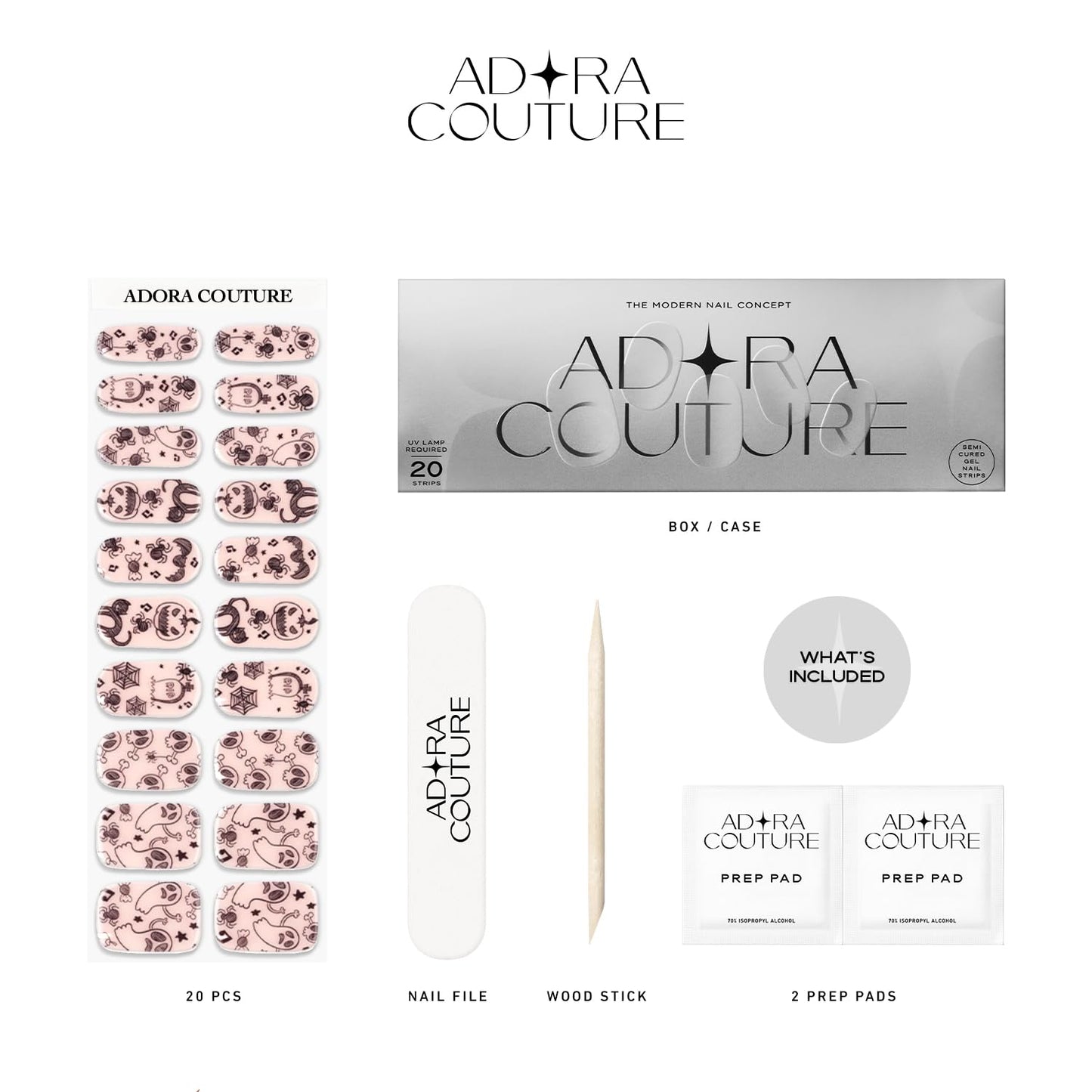 Adora Couture Semi Cured Gel Nail Strips with 20 Pieces - UV Gel Stickers, Manicure Kit, Easy Application Wraps Includes Prep Pads, Nail File, Wooden Stick - UV Light Required (Spooky Sketches)