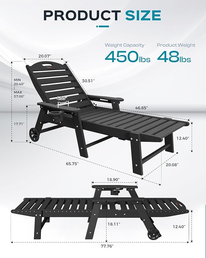 Outdoor Lounge Chair Set of 4, All Weather Patio Chaise Lounge Chair for Outside, HDPE Chair with Rolling Wheels & Cup Holder, 5 Position, Deck, Pool, Black