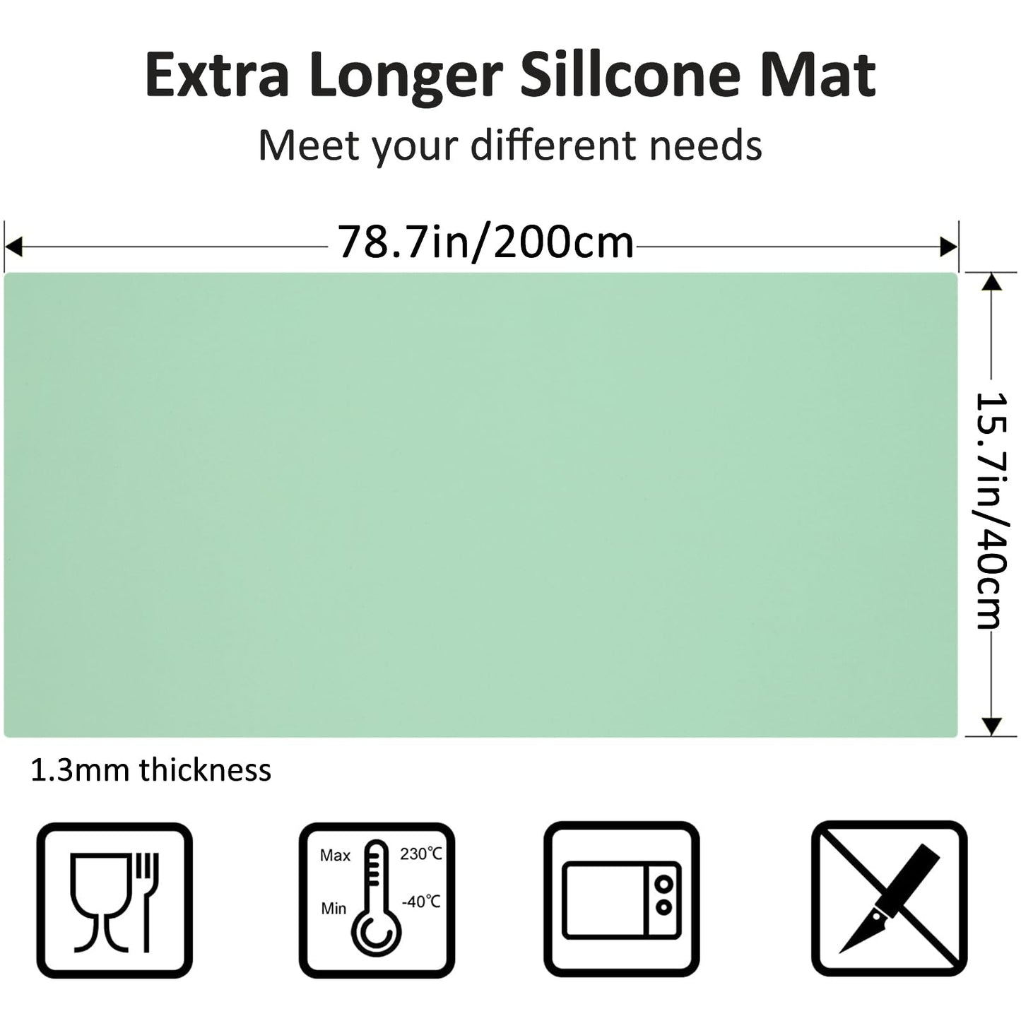 Silicone Mats for Kitchen Counter, Nonslip Silicone Mats for Crafts Countertop Protector Heat Resistant Mat (Light Green, 78.7"L x 15.7"W)