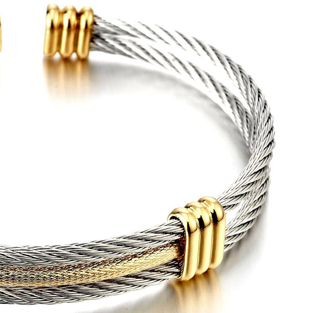 COOLSTEELANDBEYOND Two-Tone Twisted Cable Cuff Bracelet for Men Women, 316L Stainless Steel Silver Gold Bangle, Adjustable 7"–8.7" Wrist, Hypoallergenic, Comes in Gift Box