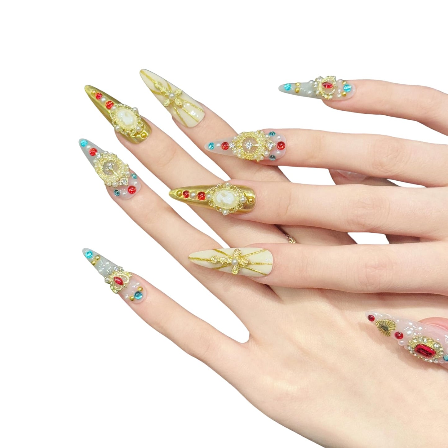 Tesytto Handmade Press on Nails Coffin Shape Glossy Reusable False Nails for Nail Art (Golden Thread Beauty, S)