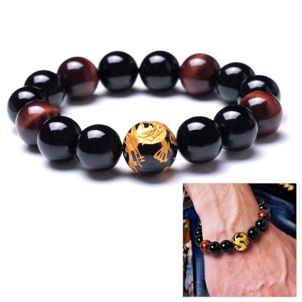 16mm Yellow Tiger Eye Stone Dragon Pattern Bold Wrist Bracelets, Natural Lava Rock Black Beads Elegant Design Bracelets for Men, Charming Crystal Black Men's Bracelet Beads Set for Layered Looks