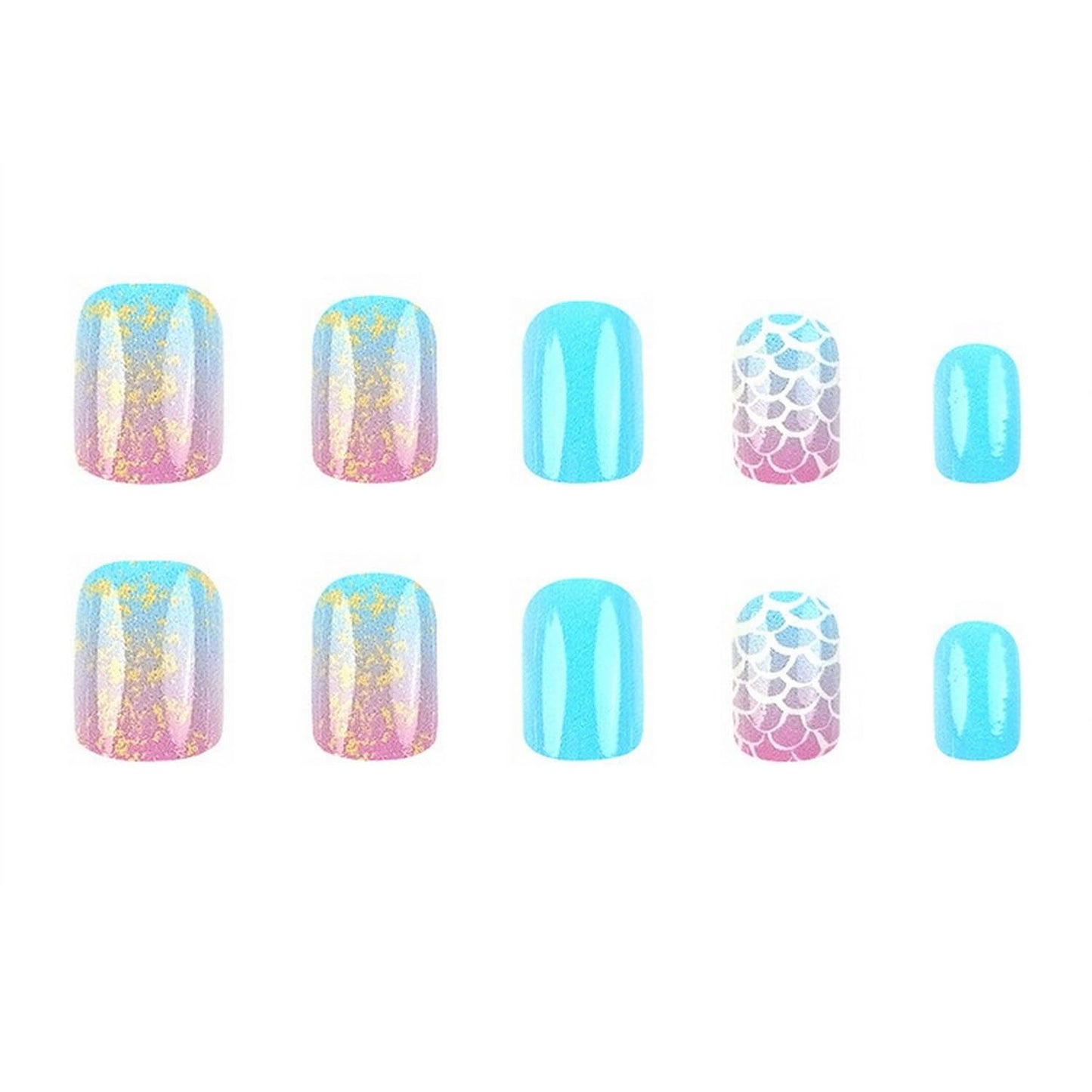 OCOUYVD 24 Pcs Summer Press On Nails Short Square Glitter Fish Scale Design Full Cover Artificial Nails Glossy False Nails Stick On Nails for Women Nail Art Manicure