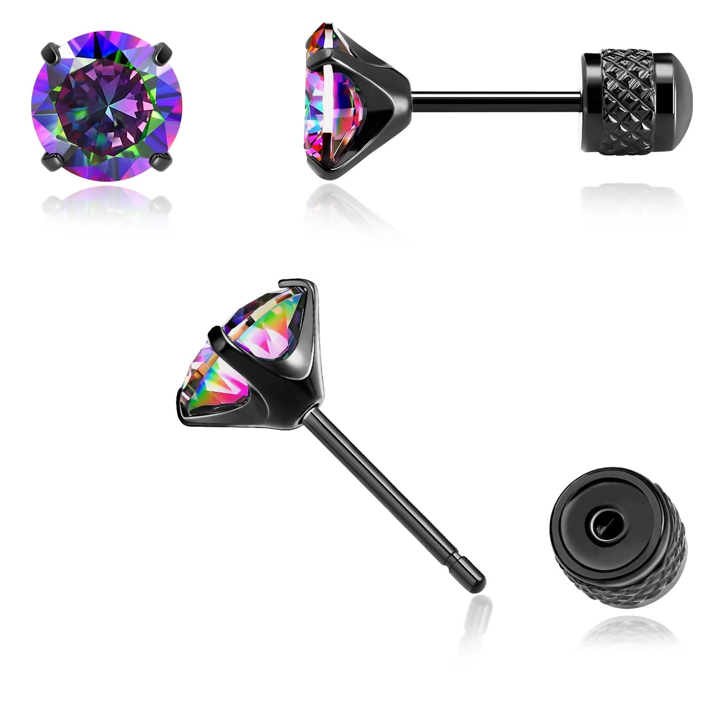 Hypoallergenic Threadless Flat Back Earrings,1 Pairs Cartilage Stud for Women Men Titanium Post 20G None Screw Easy Push in Gold Black Stainless Steel Flatback with CZ 3-7mm (Black+Rainbow CZ, 6mm)