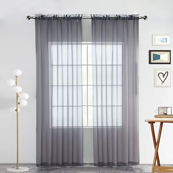 SpaceDresser Sheer Voile Window Treatment Rod Pocket Curtain Panels for Kitchen Bedroom Living Room Drapes Sunlight Filtering Privacy Semi Home Decor Assorted Colors Sizes (Grey, 52 W x 63 L)