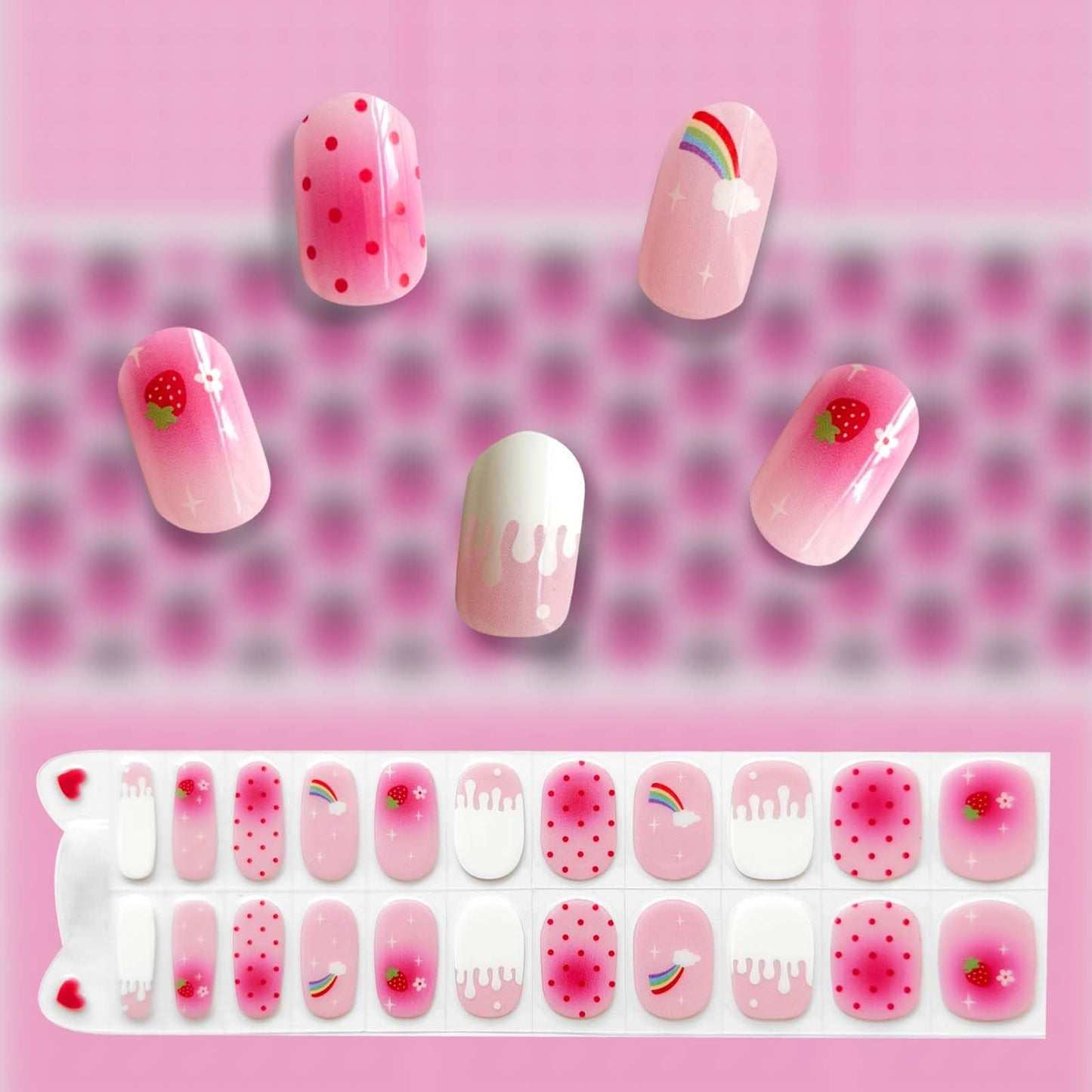YIZHUO Kids Gel Nail Strips 22PCS - Strawberry Pink Polka Dot Designs, Semi-Cured Nail Wraps for Girls, UV/LED Light Required