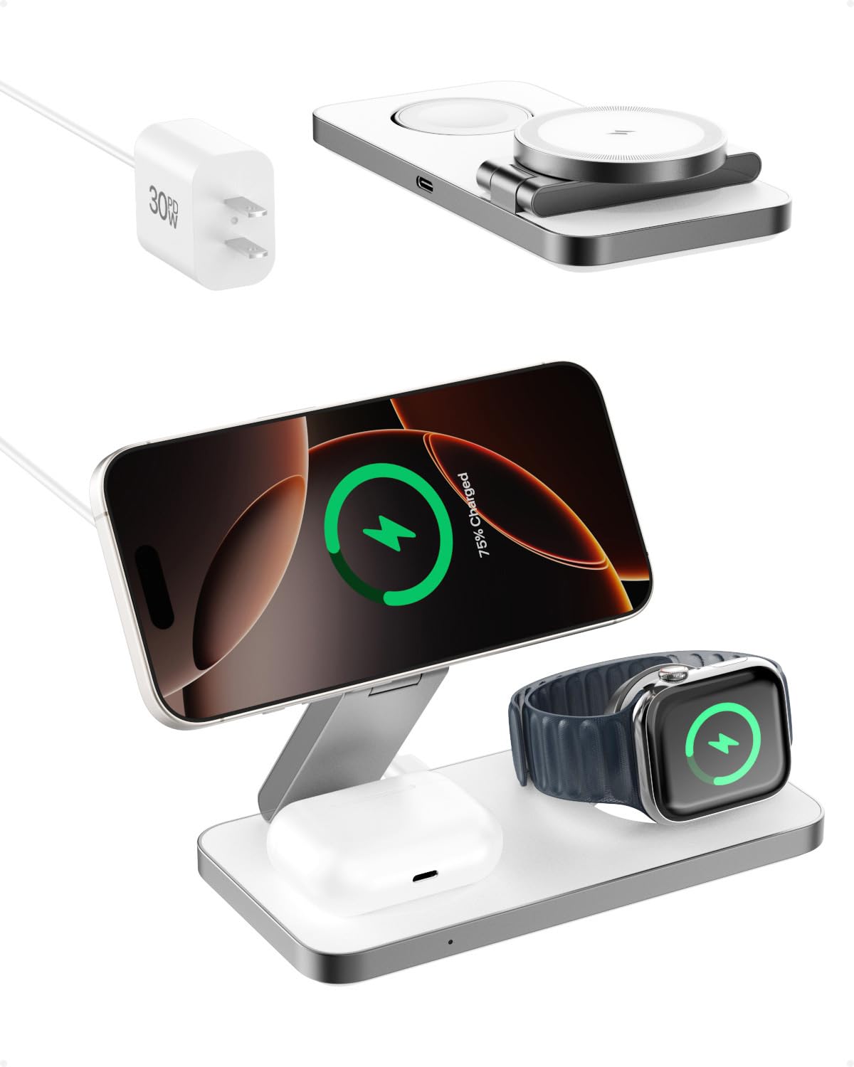 3 in 1 Wireless Charging Station with Qi2 Magnetic Charger for iPhone 16 Pro/16/16 Pro Max/15 Pro/15/15 Pro Max, for Apple Watch 9/Ultra 2/SE/8/7/6/5/4/3/2, for AirPods Pro/Pro 2/3 (whire)