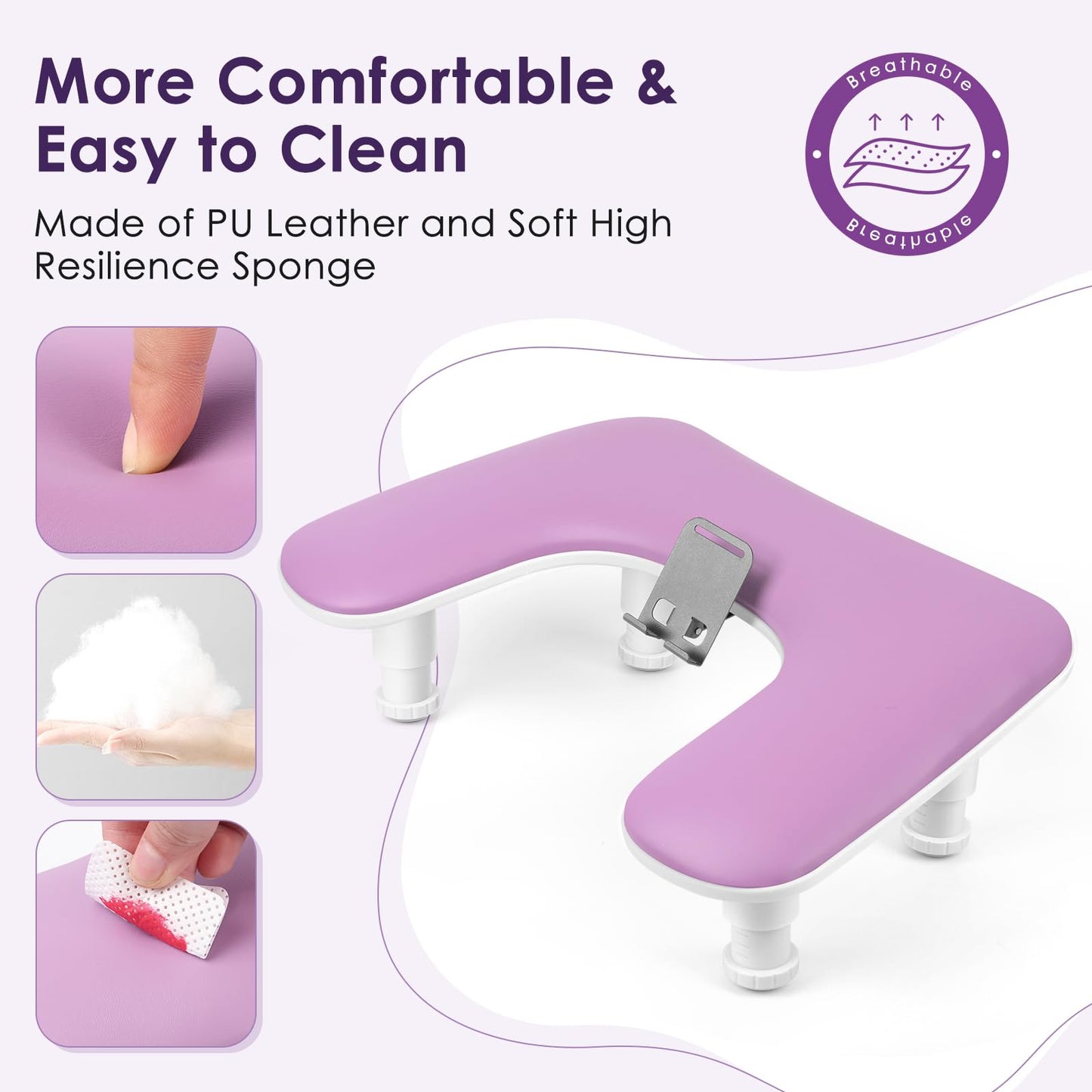 LIONVISON Arm Rest for Nails Tech: U Shaped Adjustable Height Ergonomic Nail Hand Rest Stand PU Leather with Rotating Phone Holder for Nail Salon Manicurist (Puprle)
