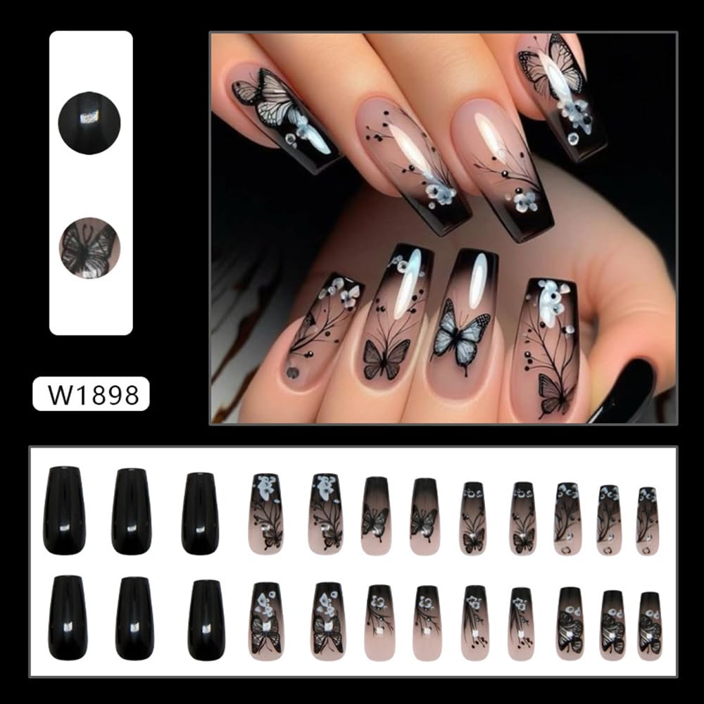 Medium Press on Nails Ballerina Square Dark Gradient Butterfly Flowers Design Fake Nails Press ons Ombre Acrylic False Nails Glue on Nails Reusable Nail Tips Full Cover Stick on Nails for Women 24Pcs
