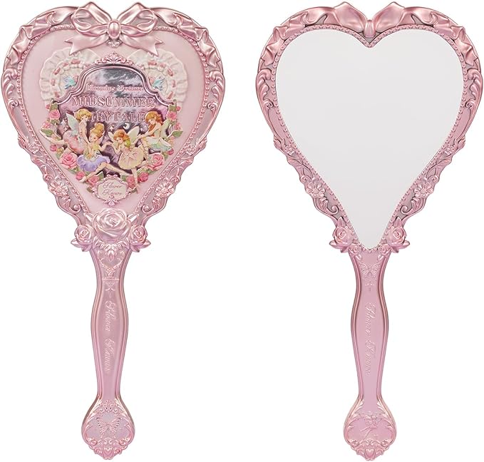 Flower Knows Midsummer Fairytales Hand Mirror,Vintage Heart Handheld Mirror,Fancy & Pretty Princess Handheld Mirror with Long Handle,Gift for Girls & Women(Milky Pink)
