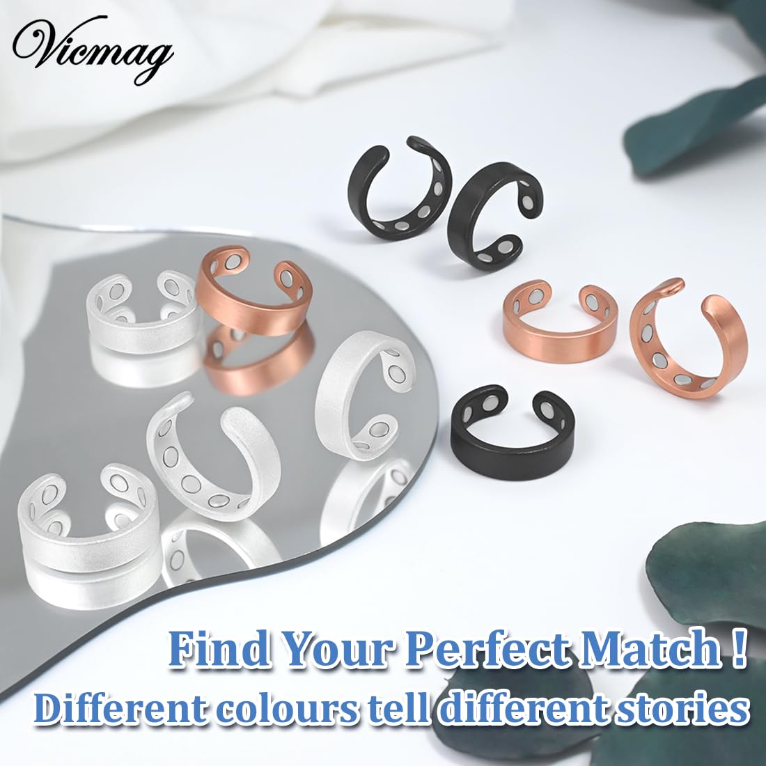 Vicmag 2PCS Magnetic Copper Rings for Women & Men,99.99% Pure Copper Ring with 9X Magnets Gift Adjustable(9X Silver)