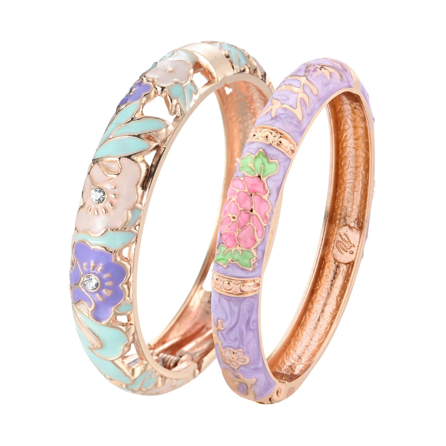 wynameleri Vintage Jewelry Cloisonne Handcrafted Enameled Gorgeous Rhinestone Flower Hinged Cuff Bracelet Bangles Gifts 88A08-55A127 Cream Purple