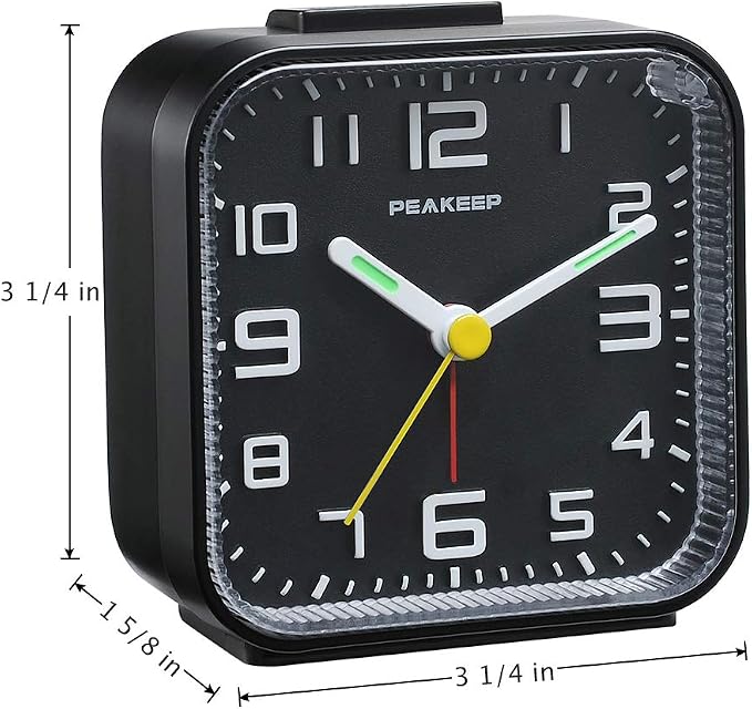Peakeep 3D Numbers No Tick-Tock Analog Alarm Clock Classic Beep Sound | Snooze, Manual Light and Battery Powered Small for Travel (Black-3D)