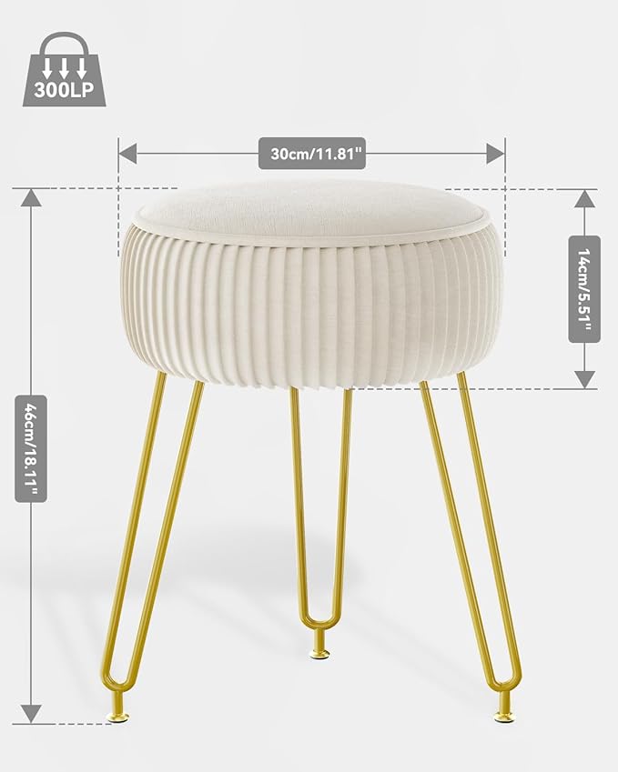 IBUYKE Velvet Round Footrest Stool Ottoman, Makeup Vanity Stool Side Table, Velvet Dressing Table Seat, Pouf Couch Stool, Golden Steel Legs, Creamy-White LG-30M