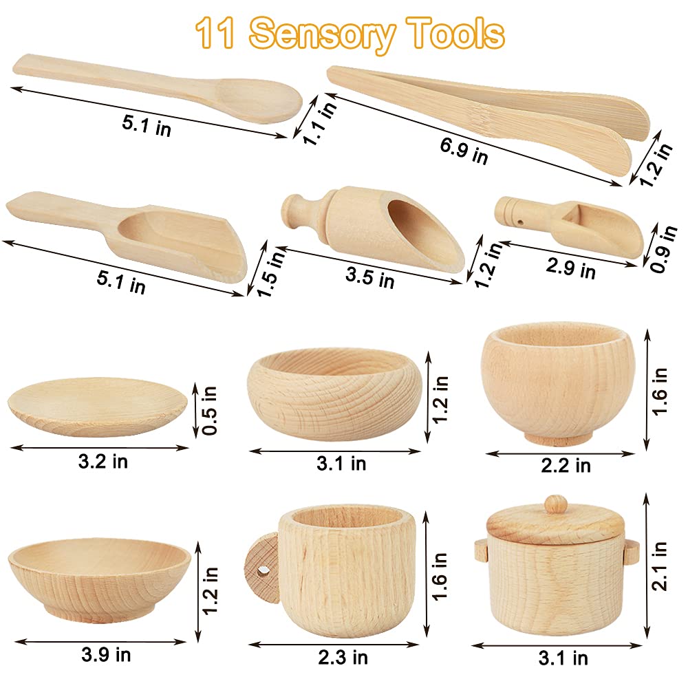 Montessori Sensory Bin Tools: 1 Wooden Box + 11 Sensory Tools for Toddlers & Preschool Children - Fine Motor Learning Pretend Play