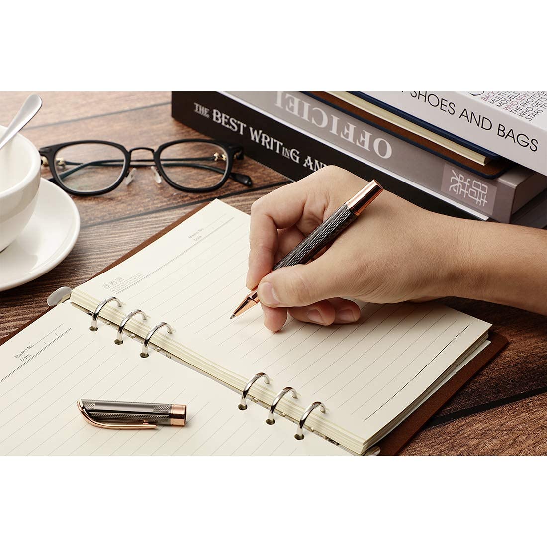 SHALORY Ballpoint and Rollerball Pen Set, Stylish Line Engraved Metal Pen Elegant Smooth Writing Gift Pen (2 Pens with 2 Extra Refills)