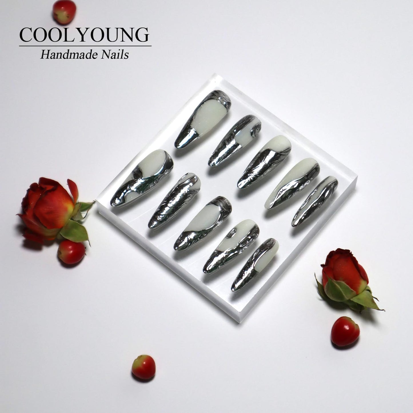 Handmade Nails, Stiletto Press On Nails, Reusable Press On Nails, Silver Nails, Acrylic Press On Nails, Stick On Nails, Reusable Press On Nails, Gifts For Women, COOLYOUNG Nails, 10 PCS, Size S