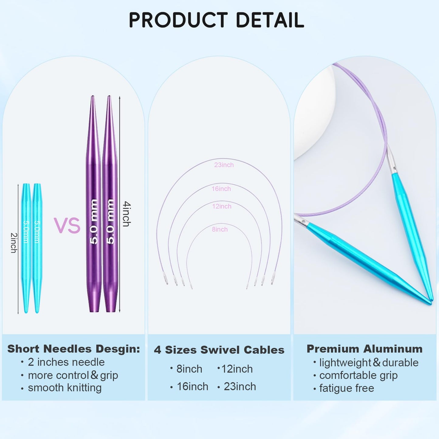 Hobekoee 12 Pairs Short Interchangeable Circular Knitting Needles Set 3mm-8mm Interchangeable Aluminum Round Knitting Needles Set with 4 Swivel Cables for DIY Knitting Lovers