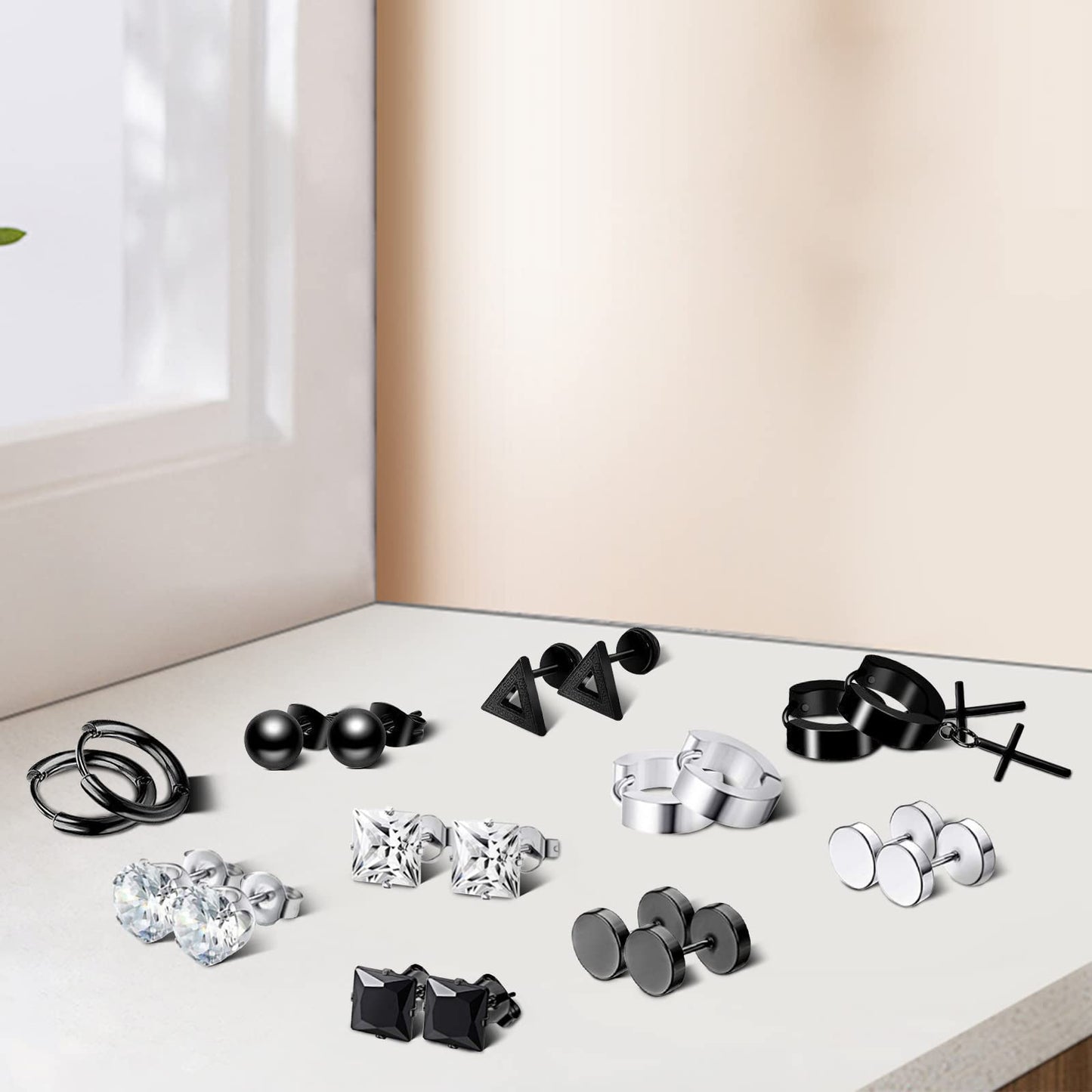 LEBOCADO 10 Pack Men Earrings Set Black and Sliver Earrings for Men Women, Stainless Steel Hoop Stud Earrings Fashion Piercing, Punk Earrings with Storage Boxes