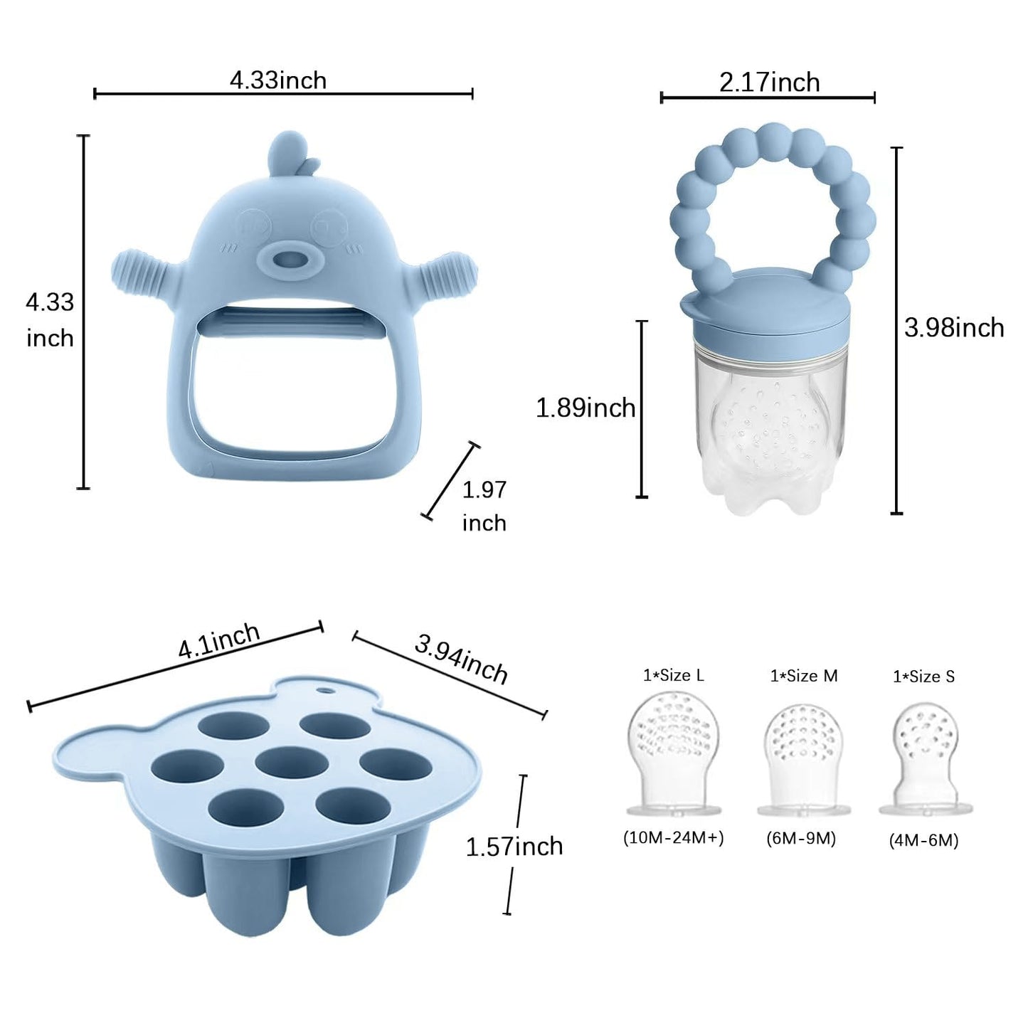Gedebey 3-in-1 Baby Food & Fruit Feeder Set – Breastmilk Popsicle Mold with Freezer Tray, Teething Relief Toy, BPA Free Infant Silicone Feeding Combo, 3 Bonus Sizes (S/M/L) Sacs (Sky Blue)