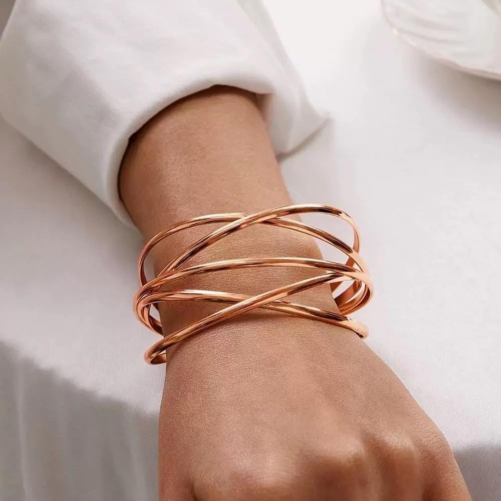 SELFWIMG Rose Gold Bangle Bracelets for Women Chunky Cuff Bracelets Statement Multi-layer Cross Wire Cuff Bangle Bracelet Open Wrist Trendy Jewelry Gifts