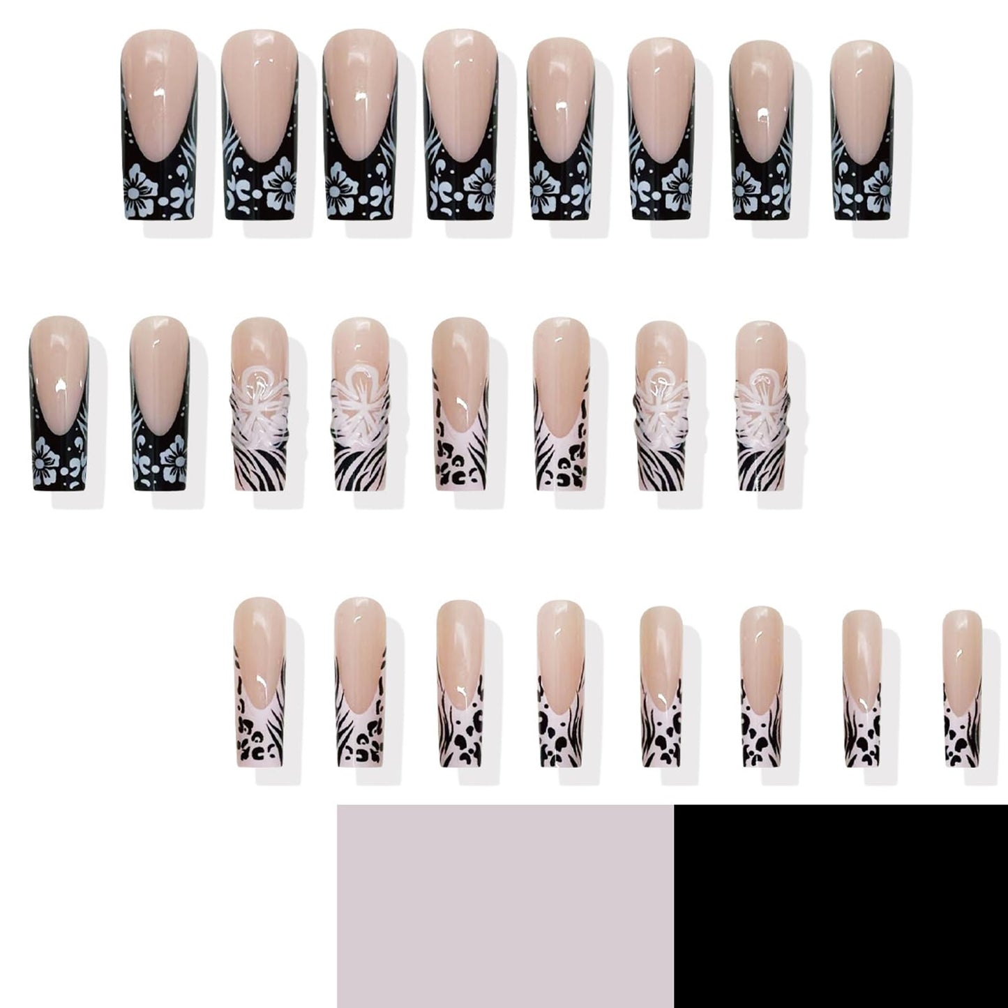 IMRAIN Press on Nails Long Square Fake Nails Black White Zebra Stripes French Tips False Nails with 3D Flower Designs Full Cover Glossy Artificial Glue on Nails for Women 24Pcs