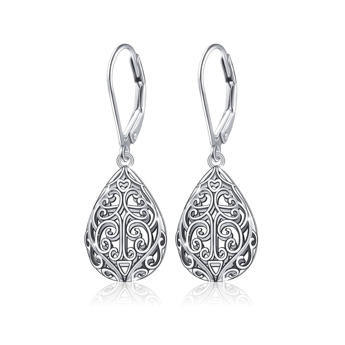 SHAOAN 925 Sterling Silver Heart Filigree Dangle Drop Earrings Leverback Teardrop Earrings for Women Jewelry Gifts