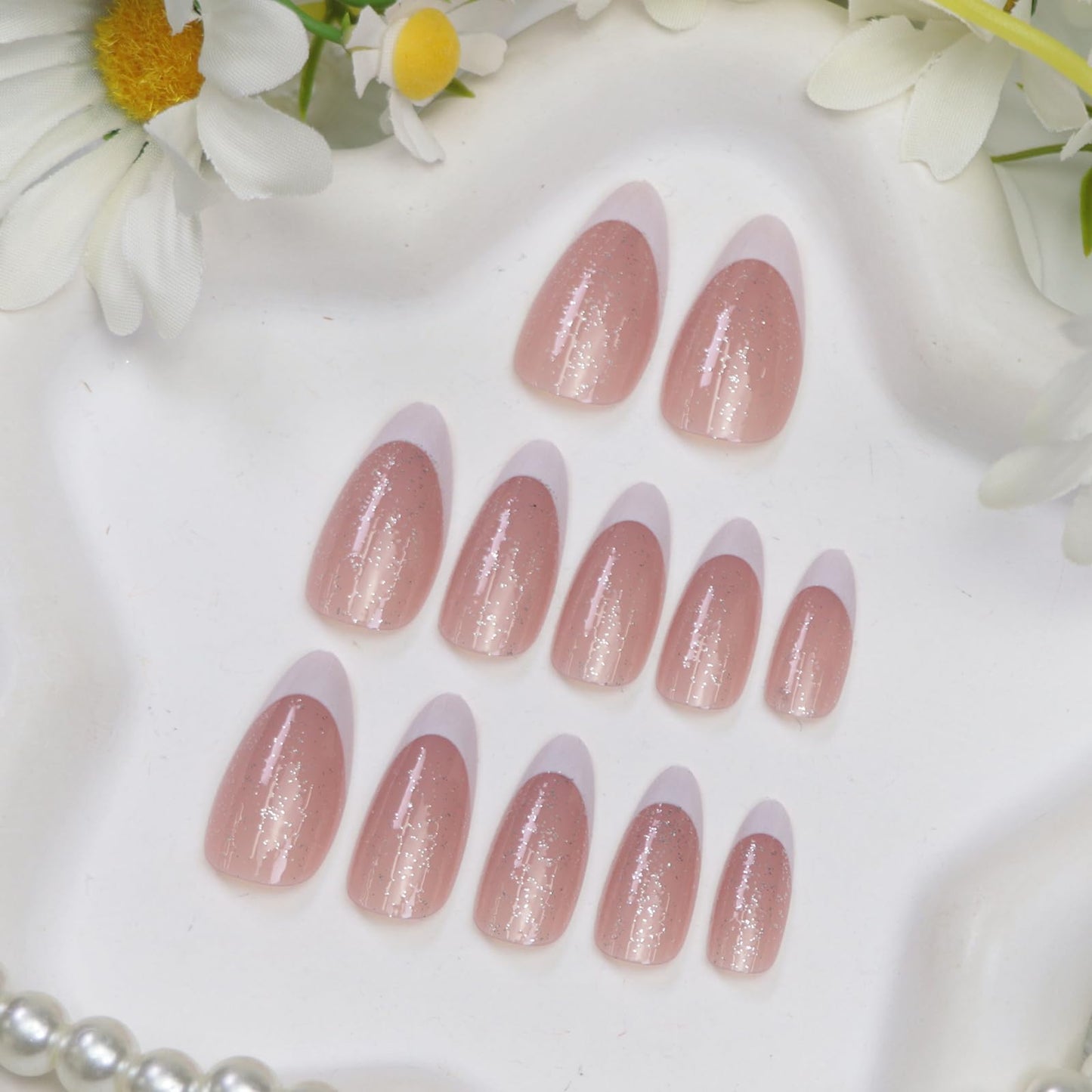 Almond Press on Nails Medium Fake Nails White French Tip Nails Press ons Glossy Glue on Nails with Glitter Designs Light Pink Stick on Nail for Women 24pcs