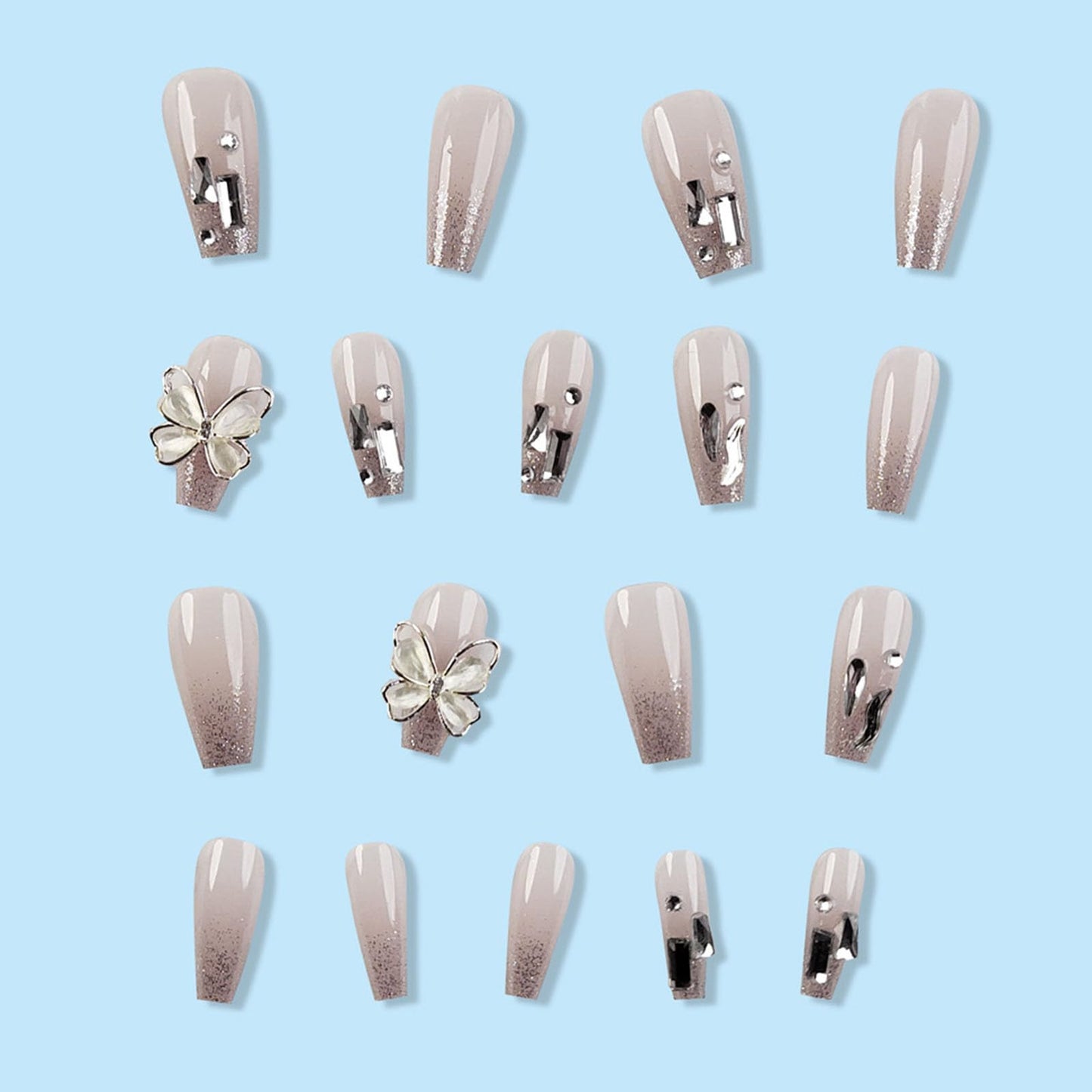 Medium Press on Nails Coffin Fake Nails with 3D Butterfly Rhinestones Charms Designs Glitter Nails Press ons Cute Acrylic Nails for Women 24Pc