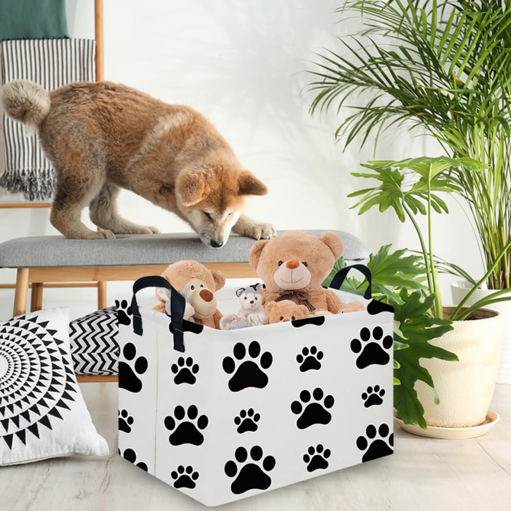 FXOCSHE Rectangular Dog Basket,Nursery Hamper,Collapsible canvas kids toy storage box,Kids room storage basket,Pet decor(Dog paw)