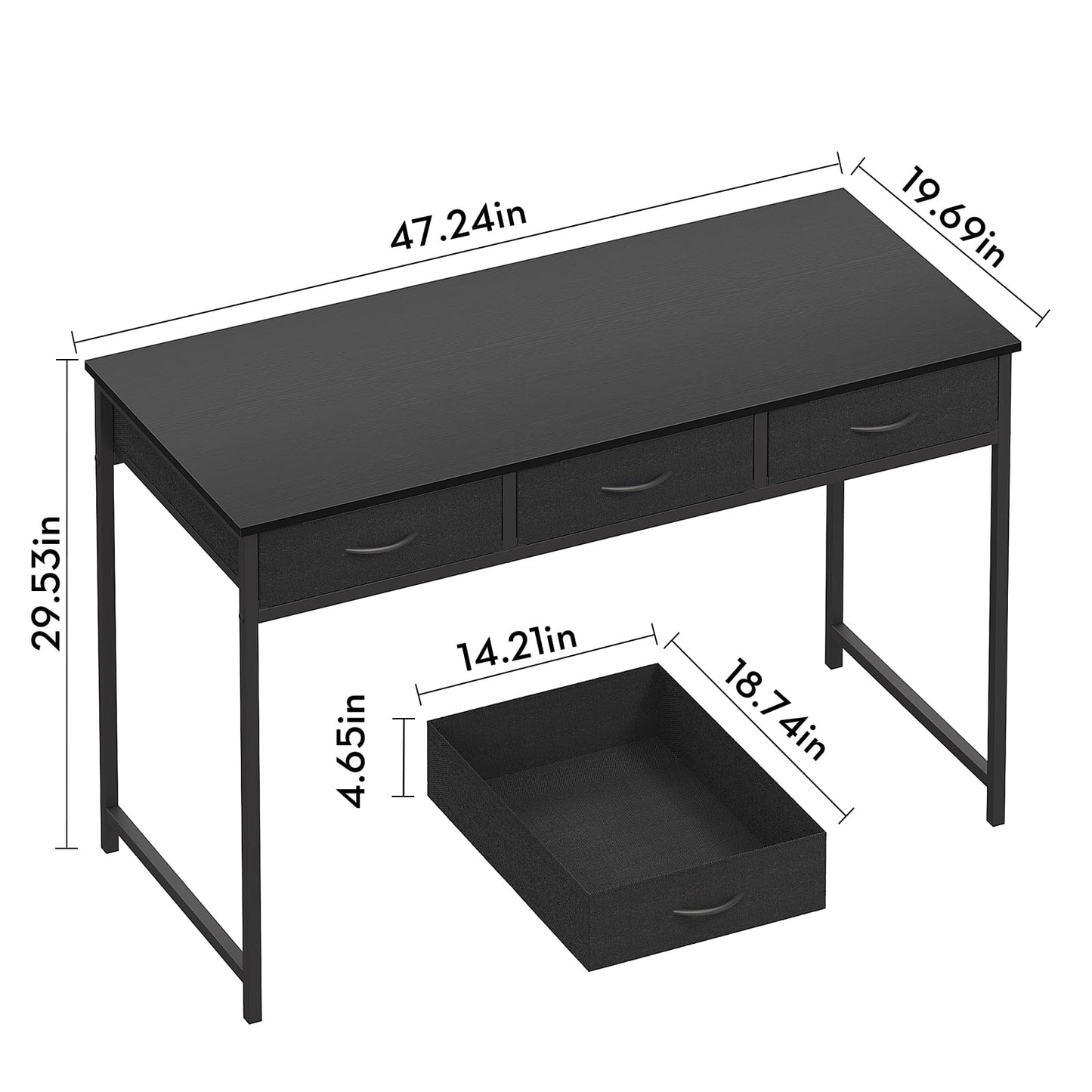 WOHOMO Computer Desk with 3 Drawers, 47.2 Inch Small Vanity Desk with Storage, Home Office Bedroom Desk for Small Spaces, Modern Work Writing Study Gaming Tables, Black