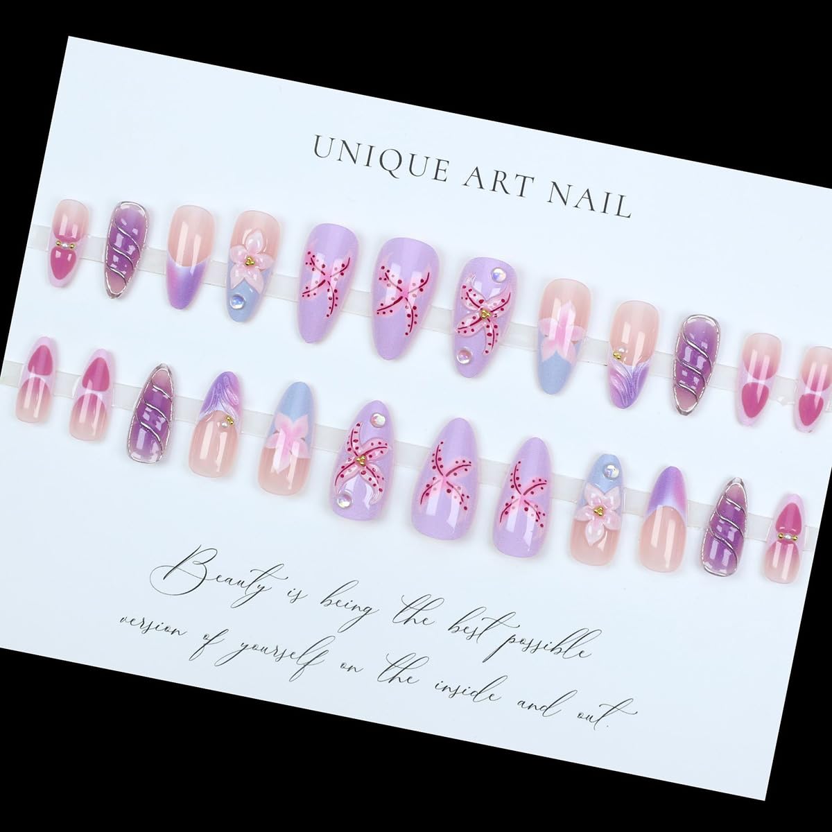 3D Almond Press on Nails Medium Fake Nails Glossy Purple False Nails with Flower Pearl Design Acrylic Glue on Nails Full Cover Stick on Nails Summer Artificial Nails for Women Girls Manicure 24Pcs