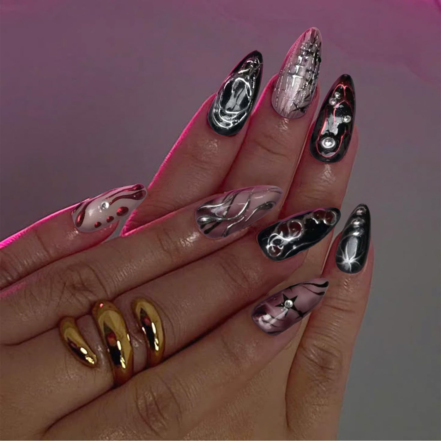 VOTACOS Goth Red Black Press on Nails Almond Medium Acrylic Fake Nails Press Ons with Glue 24Pcs Silver Lines Beads Y2K Stick on Nail with Designs 3D Star Artificial Glue on False Nail for Women