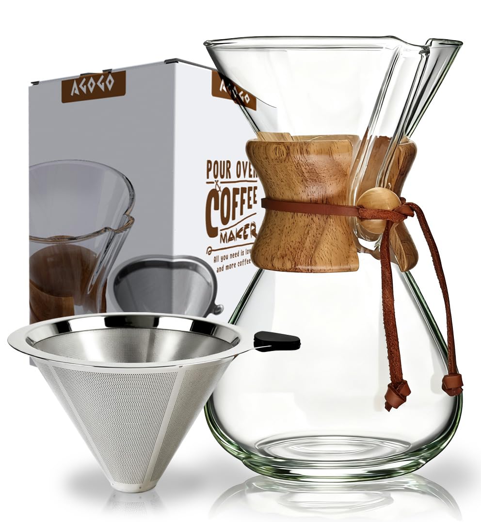 AGOGO Pour Over Coffee Maker Glass - Barista Kit with 304 Stainless Filter for Home, Office, Camping, Cafes - Easy Clean Coffee Dripper Set (Soft Towel&Brush) (34oz Classic w/SS Filter)