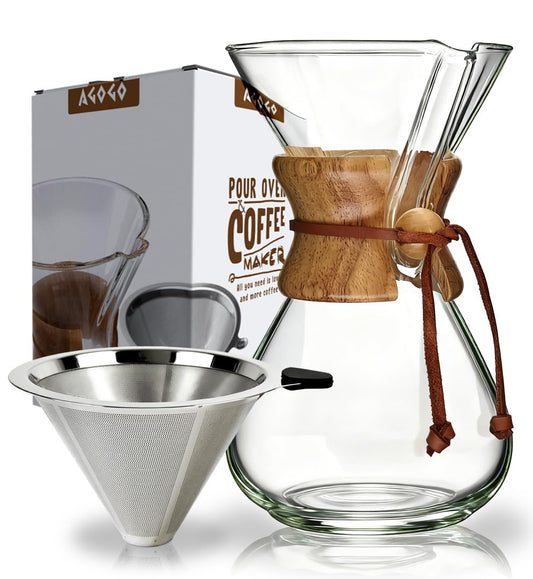 AGOGO Pour Over Coffee Maker Glass - Barista Kit with 304 Stainless Filter for Home, Office, Camping, Cafes - Easy Clean Coffee Dripper Set (Soft Towel&Brush) (34oz Classic w/SS Filter)