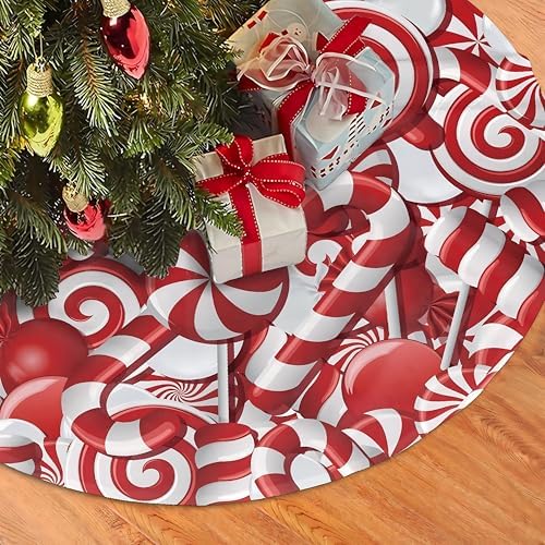 Sweet Candy Christmas Tree Skirt 36 Inch Soft Red Tree Skirt Xmas Tree Skirt Lollipop Christmas Trees Mat Winter Holiday Decoration
