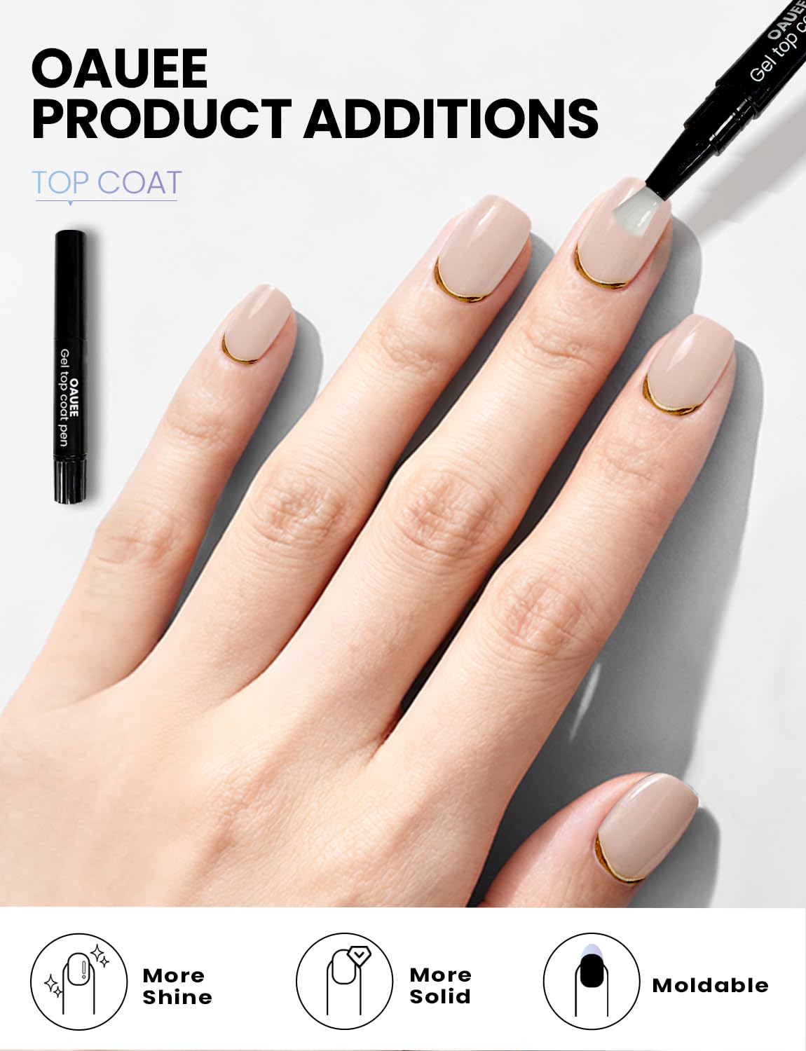 Oauee Semi Cured Gel Nail Strips | Built-In Gel Top Coat | UV Light Required | Salon Quality, Easy Application And Removal (Nude With Gold Trim)