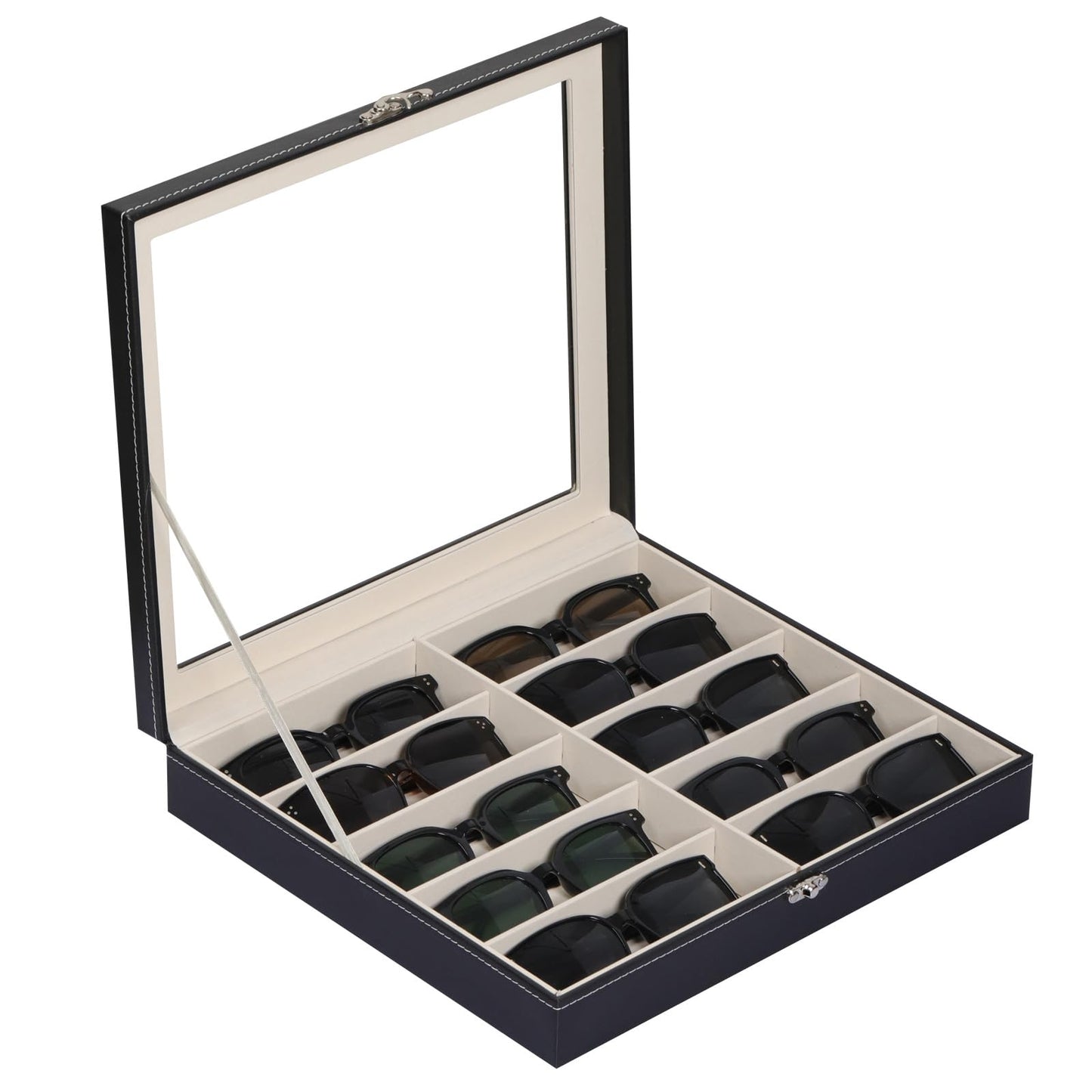 AUTOARK Large Top Glass Lid Sunglasses Organizer Case,10-Slot PU Leather Lockable Storage Box for Eyeglasses,Watch,Jewelry,Gift for Home,Black,MKAW-111