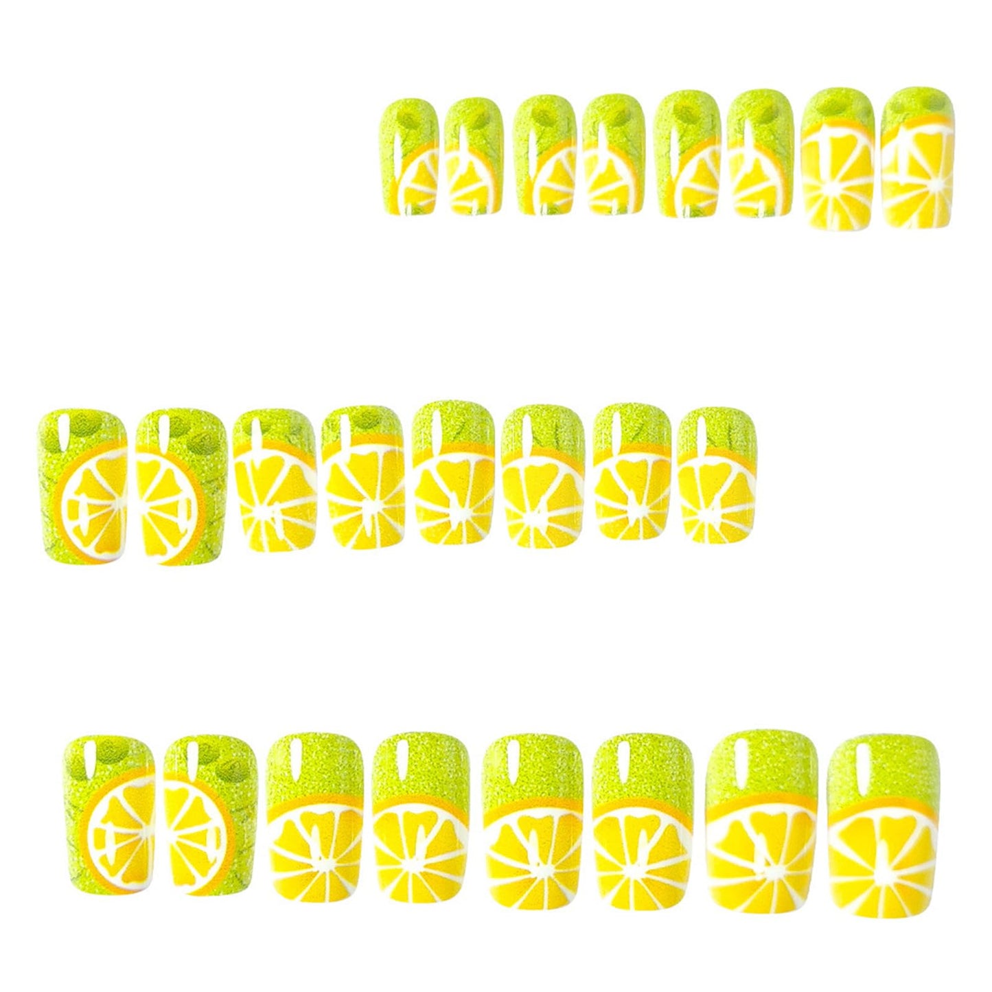 IMSOHOT 24Pcs Press on Nails - Medium Square Fake Nails Yellow Lemon & Green Glitter Fruit Design False Nails Kit for Vacations
