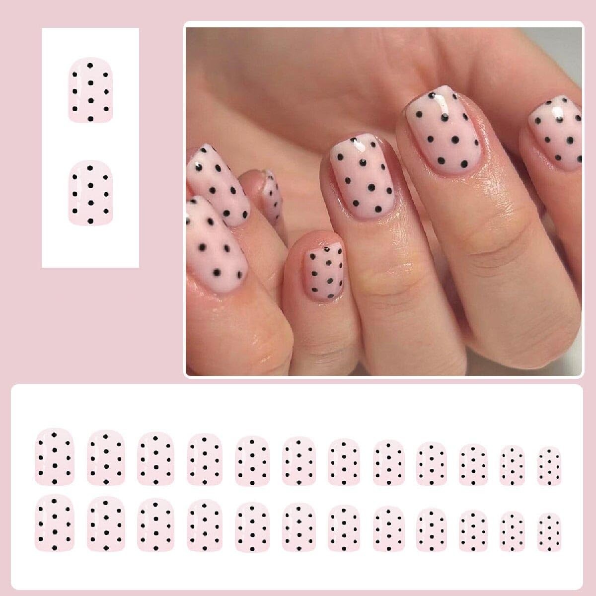 Square Press on Nails Short Pink Fake Nails with Black Spot Design Full Cover Glossy Stick on False Nails for Women 24 Pcs