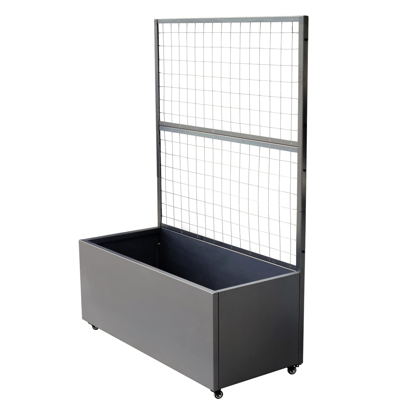 Metal Rolling Planter Box with Lattice Trellis, Modern Steel Planter Box Trellis Corten Trough Planter with Casters 66” x 46” x 21” (Original Metal)